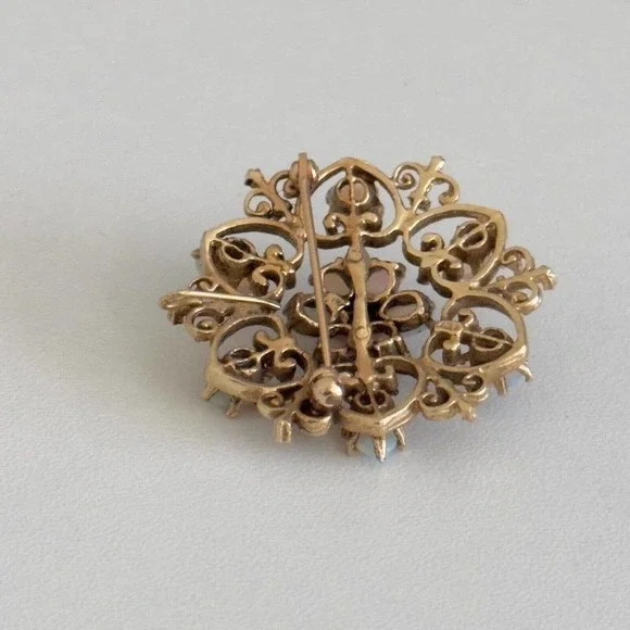 Vintage 14K Yellow Gold Opal Flower Heart Filigree Scroll Pendant Brooch Pin - Picture 6 of 10